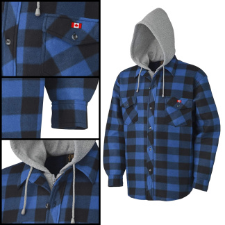 Pioneer V3080393 Hoodies, Quilted Polar Fleece Shirt with Hood Royal Blue and Black Plaid