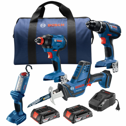 Bosch GXL18V-496B22 Cordless 18V 4pc Combo Kit, 1/2" Drill/Driver, 1/4" &  1/2" 2-in-1 hex Bit/Socket Impact Driver, Recip Saw, LED Worklight (2) 2Ah Batteries (1) Charger