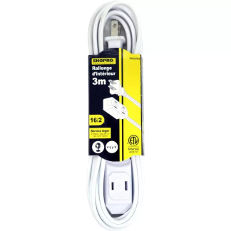 SHOPRO P010783 White 10' 16/2 SPT-2 3-Outlet Indoor Extension Cord