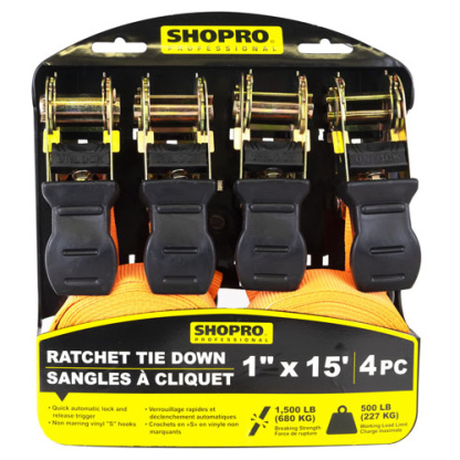 SHOPRO R000901 Ratchet TieDown 4Pc 1"x15' HD