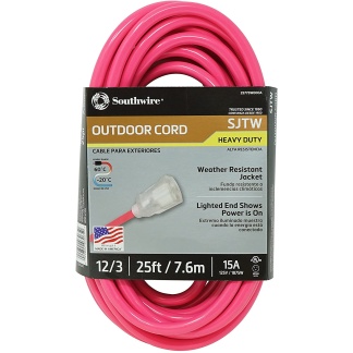 Southwire 2577SW000A 25' Neon Pink Outdoor Extension Cord SJTW 12/3 15A