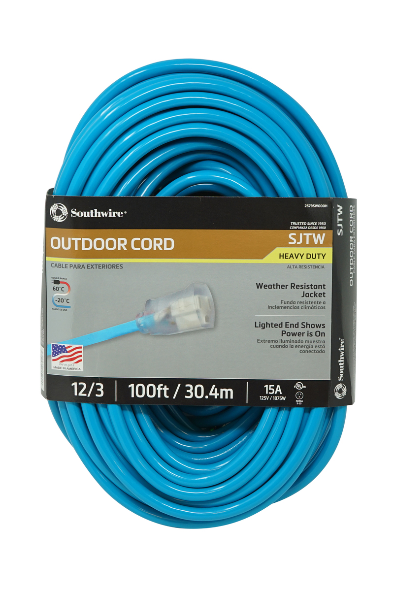 Southwire 2579SW000H 100′ Blue Outdoor Extension Cord SJTW 12/3 15A  Adam's Tarp  Tool Ltd