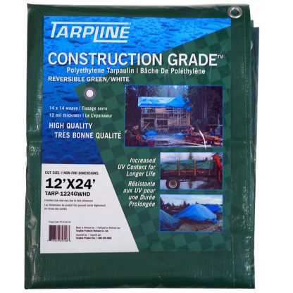Tarpline 1224GWHD 12'x24' Construction Grade 12mil Green / White Reversible Tarp, 14x14 Weave