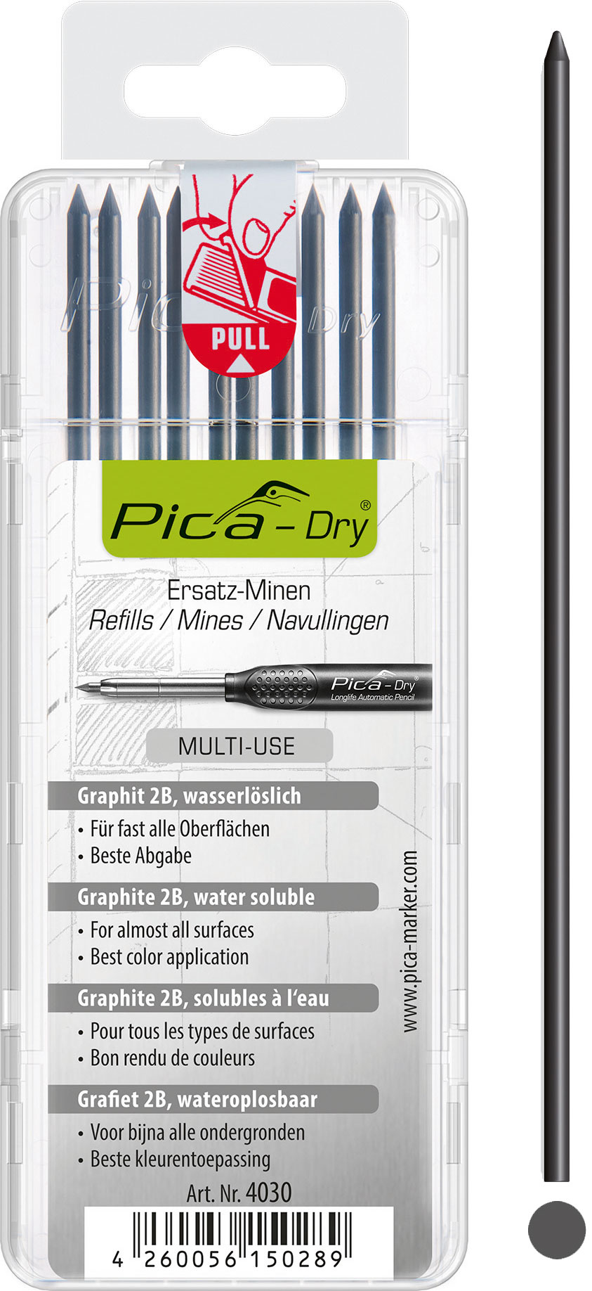 Pica-Marker 4030 Pica-Dry Longlife Graphite Refills 2B, 10pk