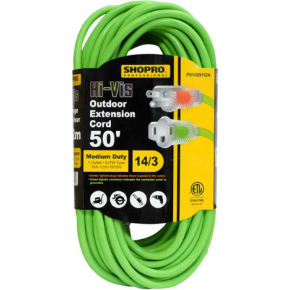 SHOPRO P010891GN 50′ 14/3 Hi-Vis Outdoor Extension Cord, Lighted Ends