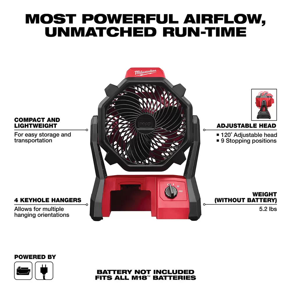 Milwaukee 0886-20 M18 18 Volt Lithium-Ion Cordless Jobsite Fan