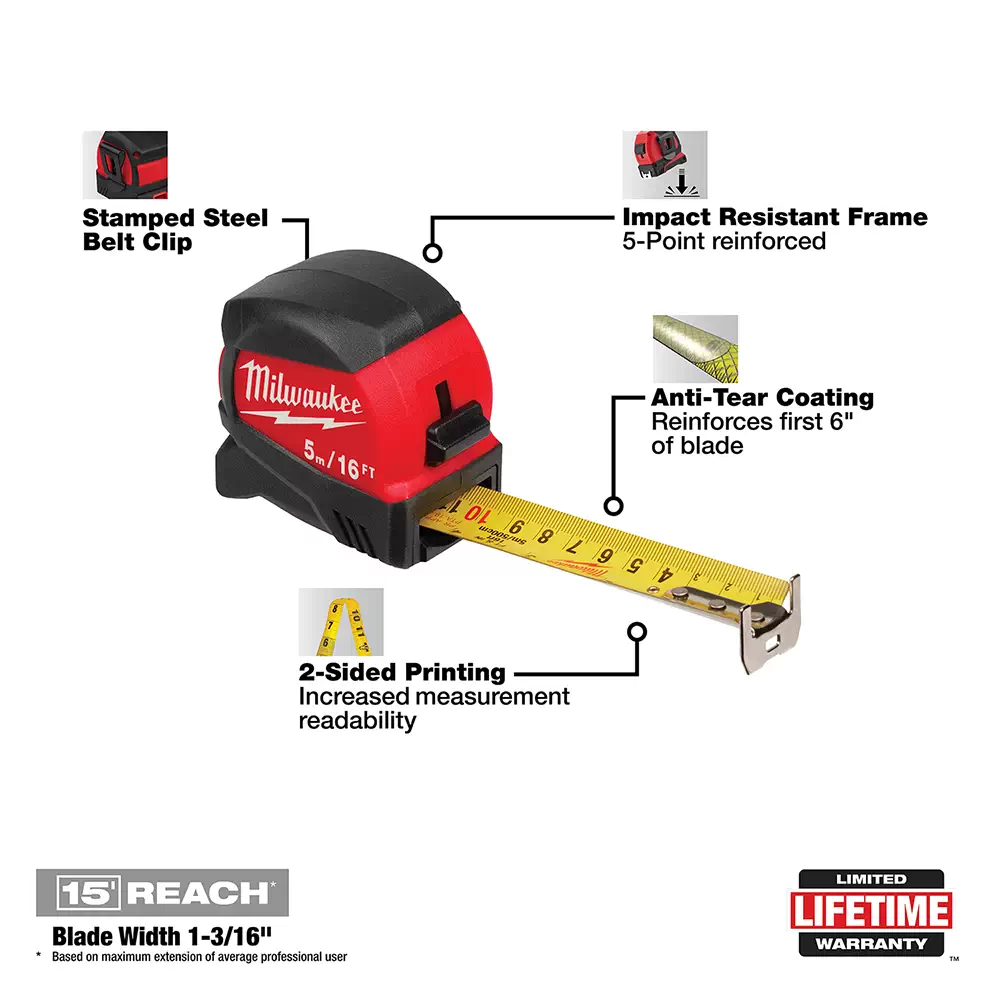 Milwaukee Tape Measure 5m 16ft Metric Imperial Pro Compact Pocket Tape