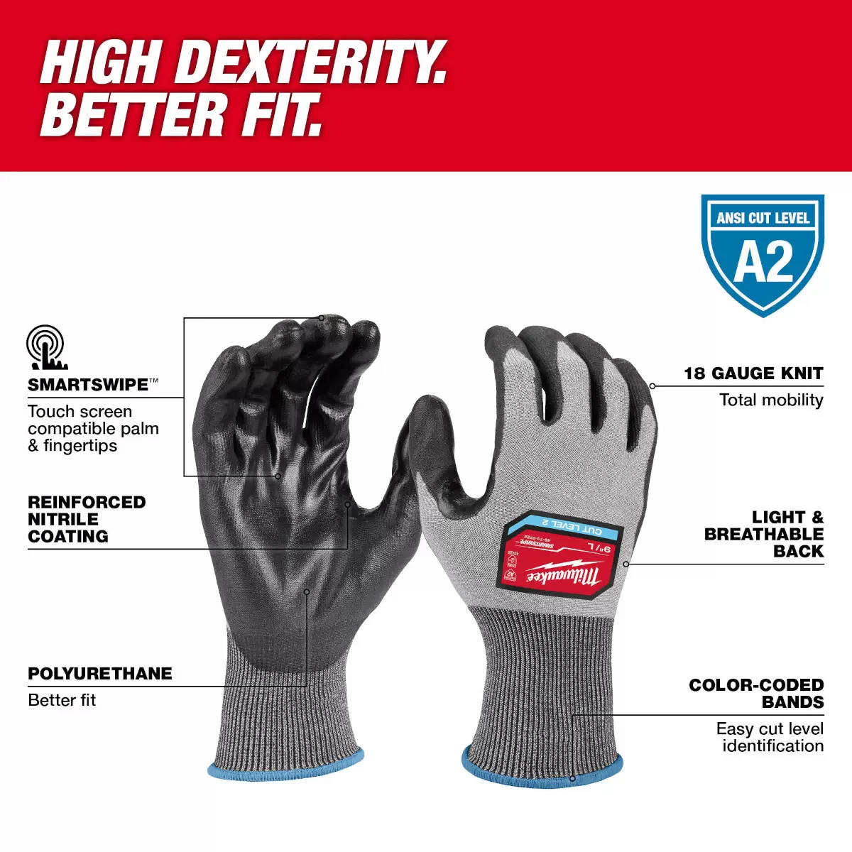 Milwaukee 48-73-8721 Cut Level 2 High Dexterity Polyurethane Dipped Gloves - M