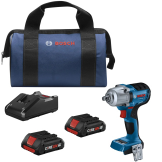 BOSCH GDS18V-330CB25 18V Brushless Connected-Ready 1/2 In. Mid-Torque Impact Wrench Kit with Friction Ring and Thru-Hole and (2) CORE18V 4.0 Ah Compact Batteries