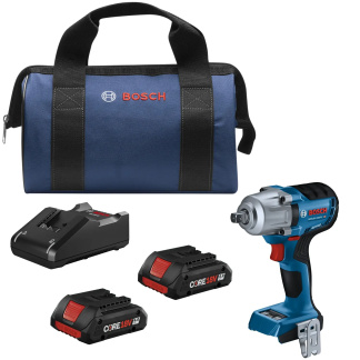 BOSCH GDS18V-330PCB25 18V Brushless 1/2 In. Mid-Torque Impact Wrench Kit with Pin Detent and (2) CORE18V 4.0 Ah Compact Batteries