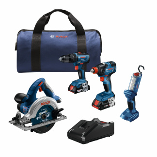 BOSCH GXL18V-497B23 18V 4-Tool Combo Kit with Two-In-One 1/4 In. and 1/2 In. Bit/Socket Impact Driver/Wrench, 1/2 In. Hammer Drill/Driver, 6-1/2 In. Circular Saw and LED Worklight with (1) CORE18V 4.0 Ah Battery and (1) 2.0 Ah SlimPack Battery