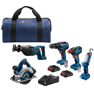 BOSCH GXL18V-501B25 18V 5-Tool Combo Kit with Two-In-One Bit/Socket Impact Driver/Wrench, 1/2 In. Hammer Drill/Driver, Reciprocating Saw, Circular Saw, LED Worklight and (2) CORE18V 4.0 Ah Compact Batteries