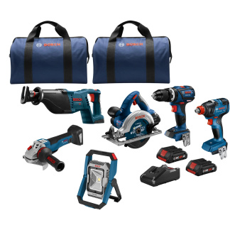 BOSCH GXL18V-601B25 18V 6-Tool Combo Kit with Two-In-One Bit/Socket Impact Driver/Wrench, 1/2 In. Hammer Drill/Driver, Reciprocating Saw, Circular Saw, 4-1/2 In. Angle Grinder, LED Floodlight and (2) CORE18V 4.0 Ah Compact Batteries