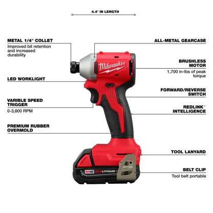 Features for the Impact Driver in the Milwaukee 3692-22CT M18 Compact Brushless 2-Tool Combo Kit