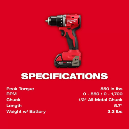Specifications for the 1/2" Drill in the Milwaukee 3692-22CT M18 Compact Brushless 2-Tool Combo Kit