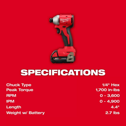 Specifications for the Impact Driver in the Milwaukee 3692-22CT M18 Compact Brushless 2-Tool Combo Kit