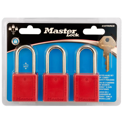 Master Lock 410TRIRED 3-Keyed-Alike Red Zenex thermoplastic safety padlocks, 38mm Wide 38mm tall shackle
