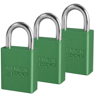 American Lock A1105KAS3GRN Green Anodized Aluminum Safety Padlock, 1-1/2" (38mm) Wide with 1" (25mm) Tall Shackle, 3PK Keyed-Alike