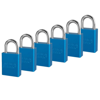 American Lock A1105KAS6BLU Blue Anodized Aluminum Safety Padlock, 1-1/2″ (38mm) Wide with 1″ (25mm) Tall Shackle, 6PK Keyed-Alike