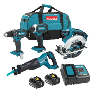 Makita DLX4055S 18V LXT Cordless 4pc 1/2" Hammer Drill, 1/4" Impact, Reciprocating & Circular Saw Combo (3.0 Ah x2 Kit)