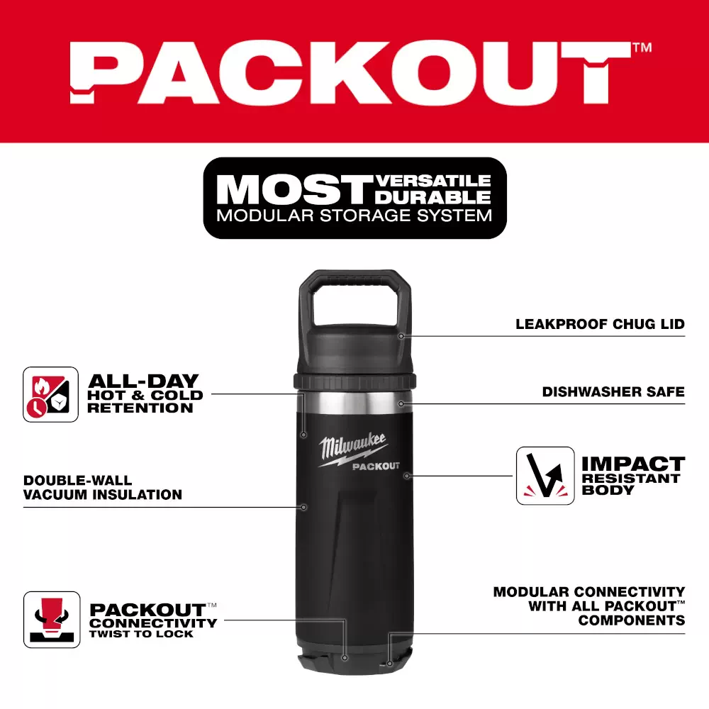 Gourde Isotherme Milwaukee Packout 1064 Ml (1,06L) - Rouge, Acier Inox, Compatible Système Modulaire Packout
