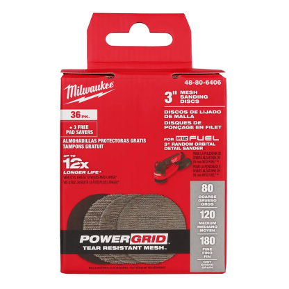 Milwaukee 48-80-6406 36PK 3” Mesh Sanding Discs (80, 120, 180 Grit) with POWERGRID Tear Resistant Mesh + 3 Pad Savers