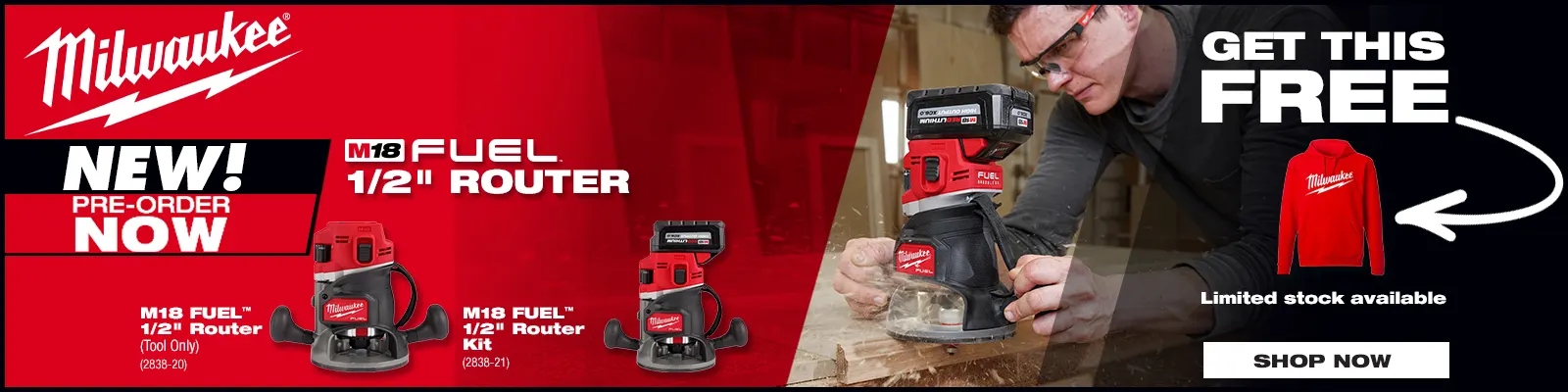 Milwaukee Pre-order M18 Fuel 1/2" Router and get free Hoodie